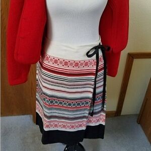 Saks 5th Ave Lined Linen Red/Wht/Blk Striped Faux-wrap Ribbon Tie Midi Skirt